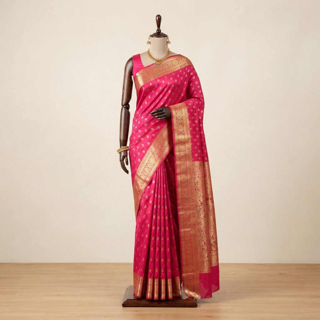 Rani Pink Kanjivaram saree draped