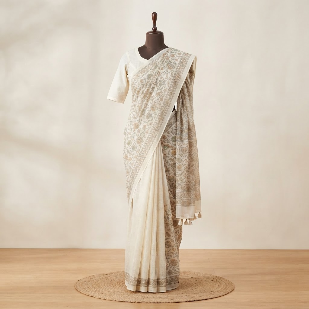 Ivory Mulmul Cotton saree draped