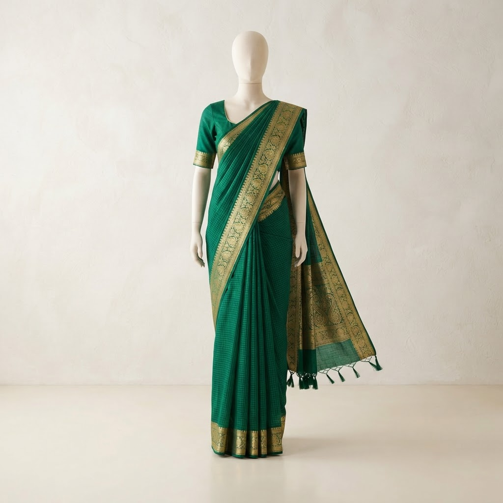 Emerald Kota Doria saree draped