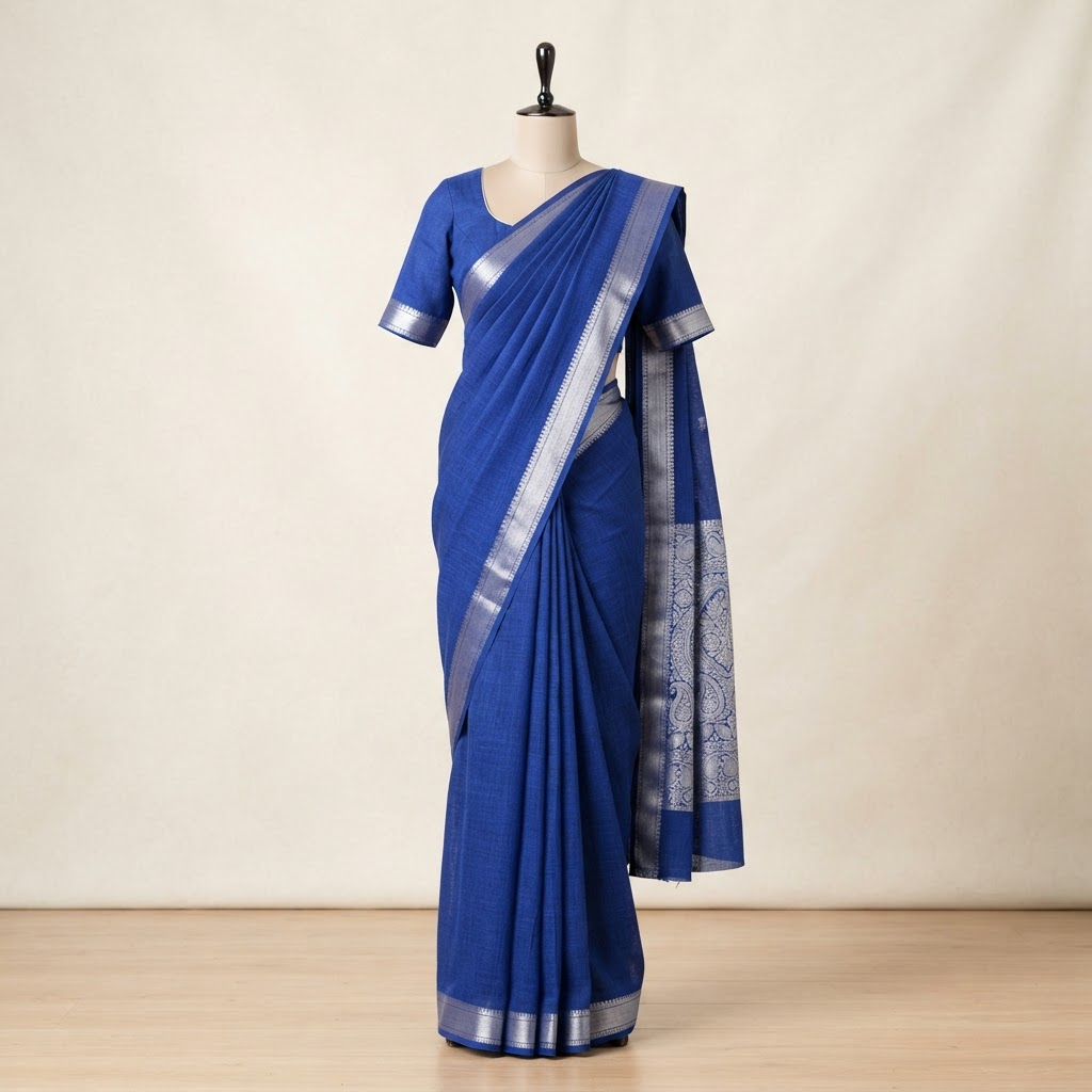 Royal Blue Linen saree draped