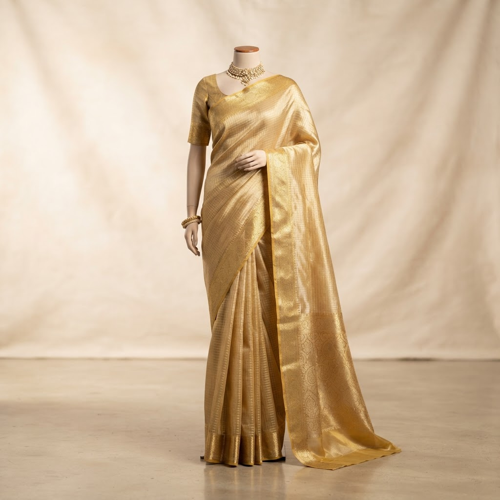 Golden Tissue Banarasi saree draped