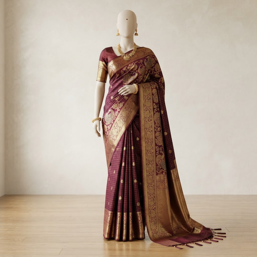 Maroon Silk Kanjivaram saree draped