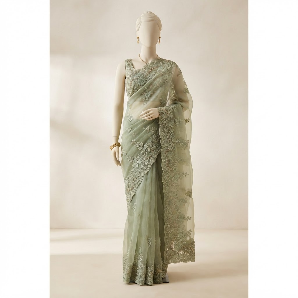 Sage Green Organza saree draped